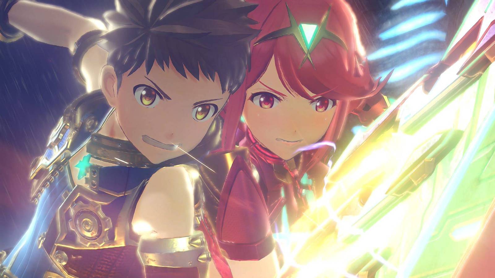 Rex and Pyra holding their sword while attacking Malos in Xenoblade Chronicles 2.