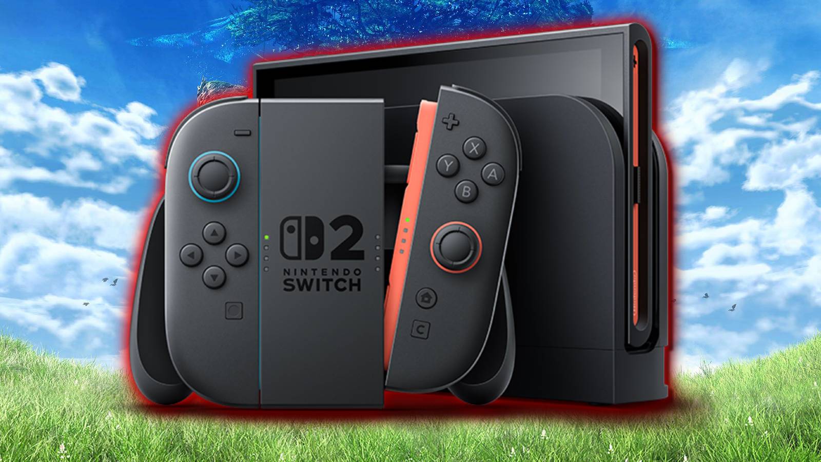 A Nintendo Switch 2 is superimposed over a landscape.