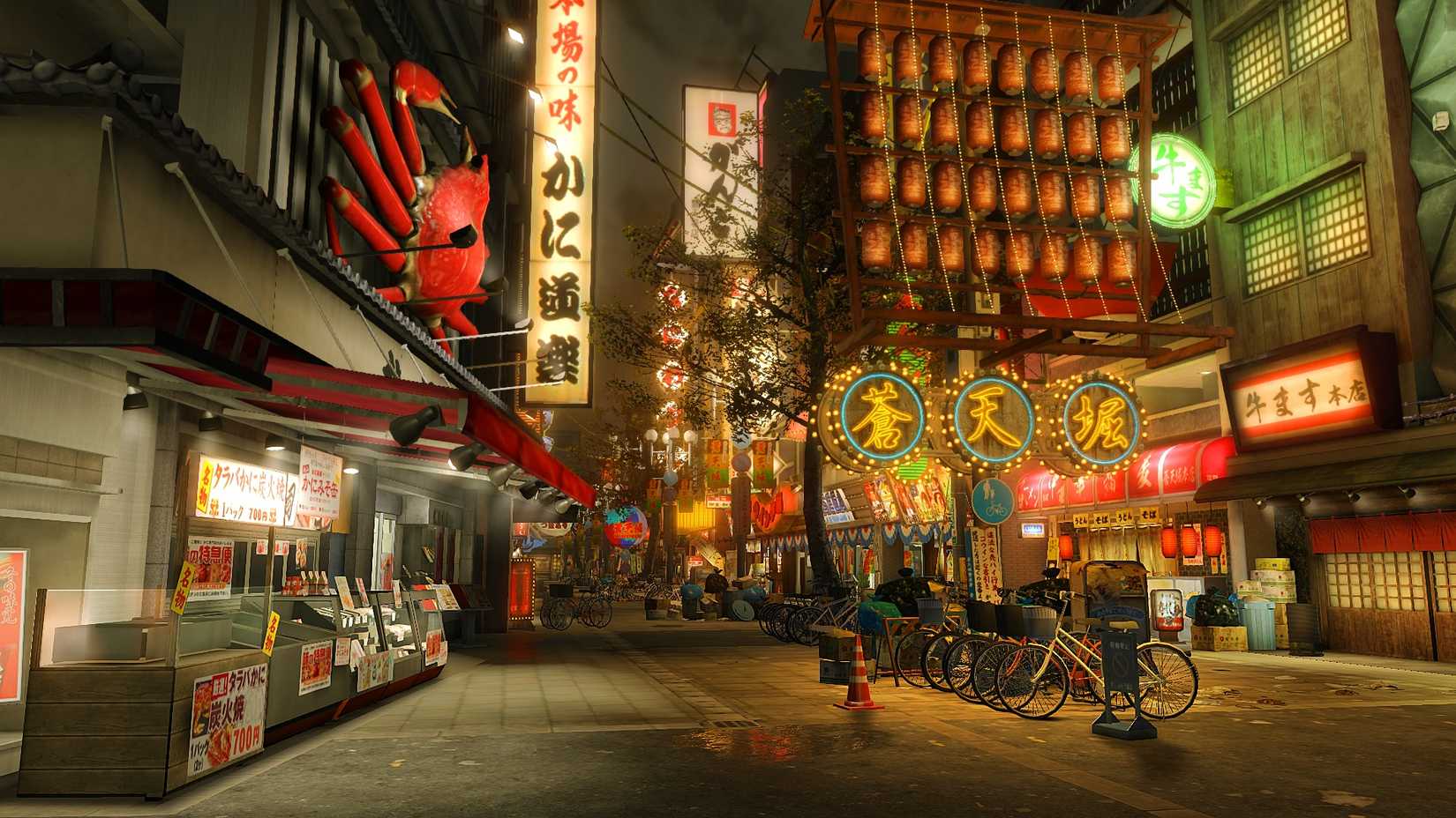 A street in Yakuza's version of Tokyo, with shop signs lining either side.