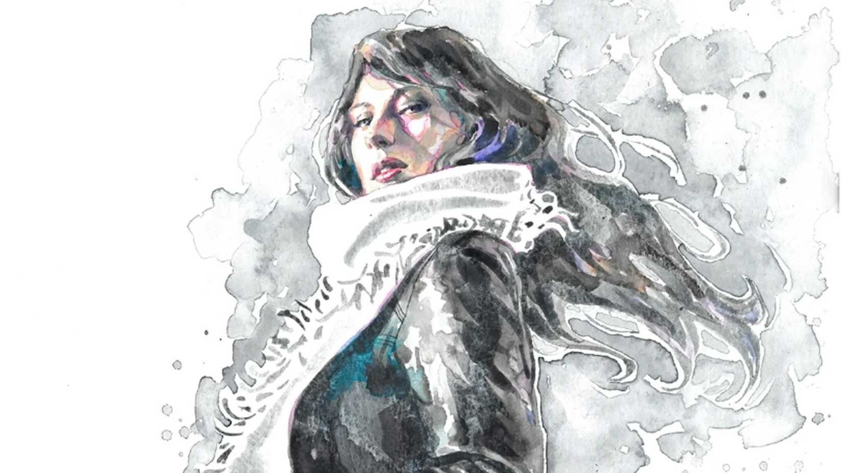 Wavy artwork of Jessica Jones wearing a black jacket and white scarf