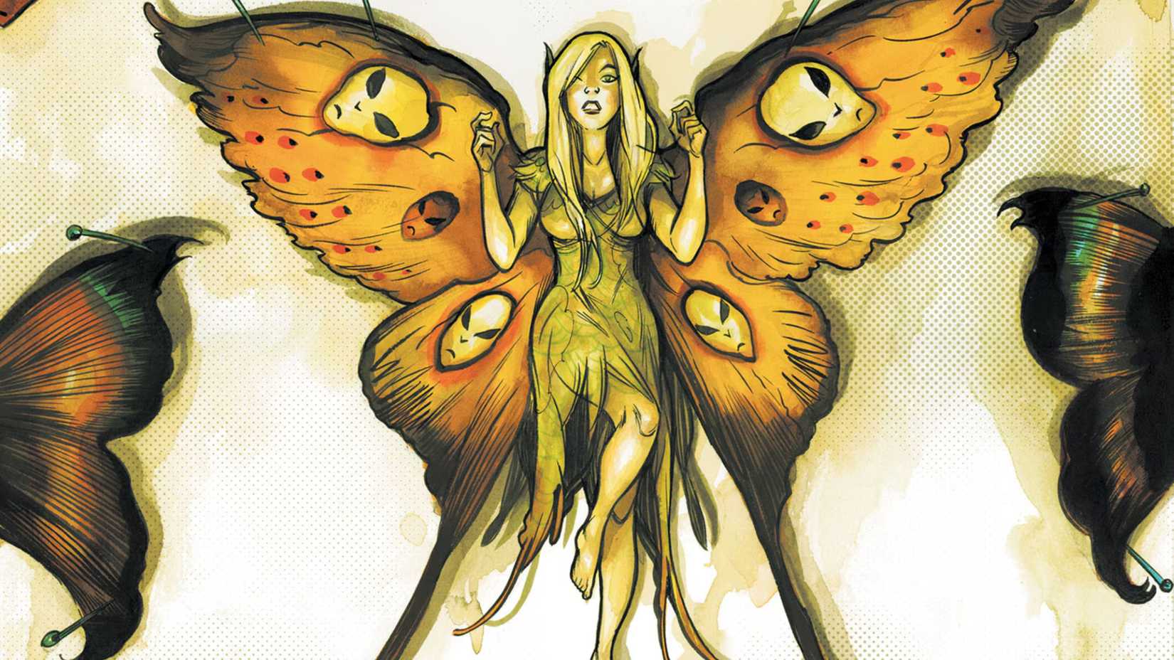 a fairy with alien faces on wings