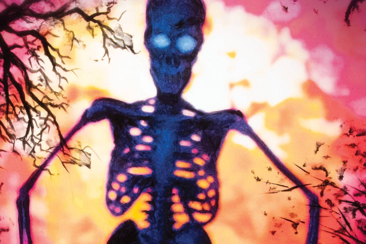A promotional cover art for the 12-Foot Skeleton comic series showing the massive lawn ornament monster