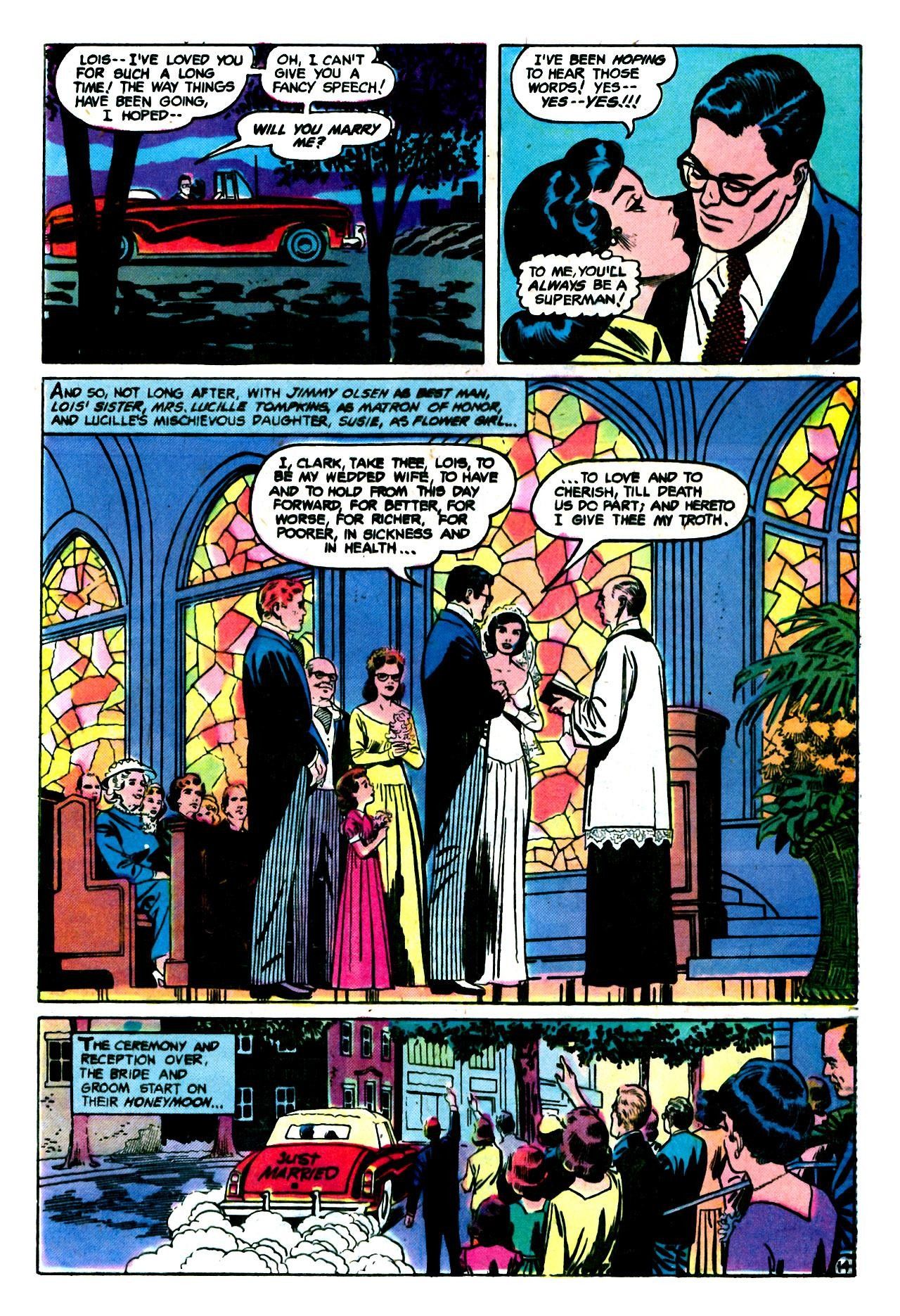 A page from Action Comics #484 showing Earth-Two's Clark Kent and Lois Lane exchanging their vows on their wedding day.