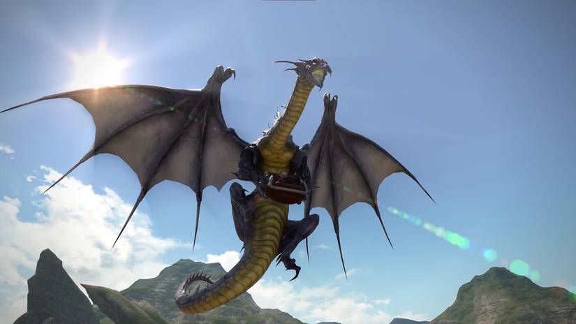 Bahamut mount carrying player in a chair in final fantasy 14