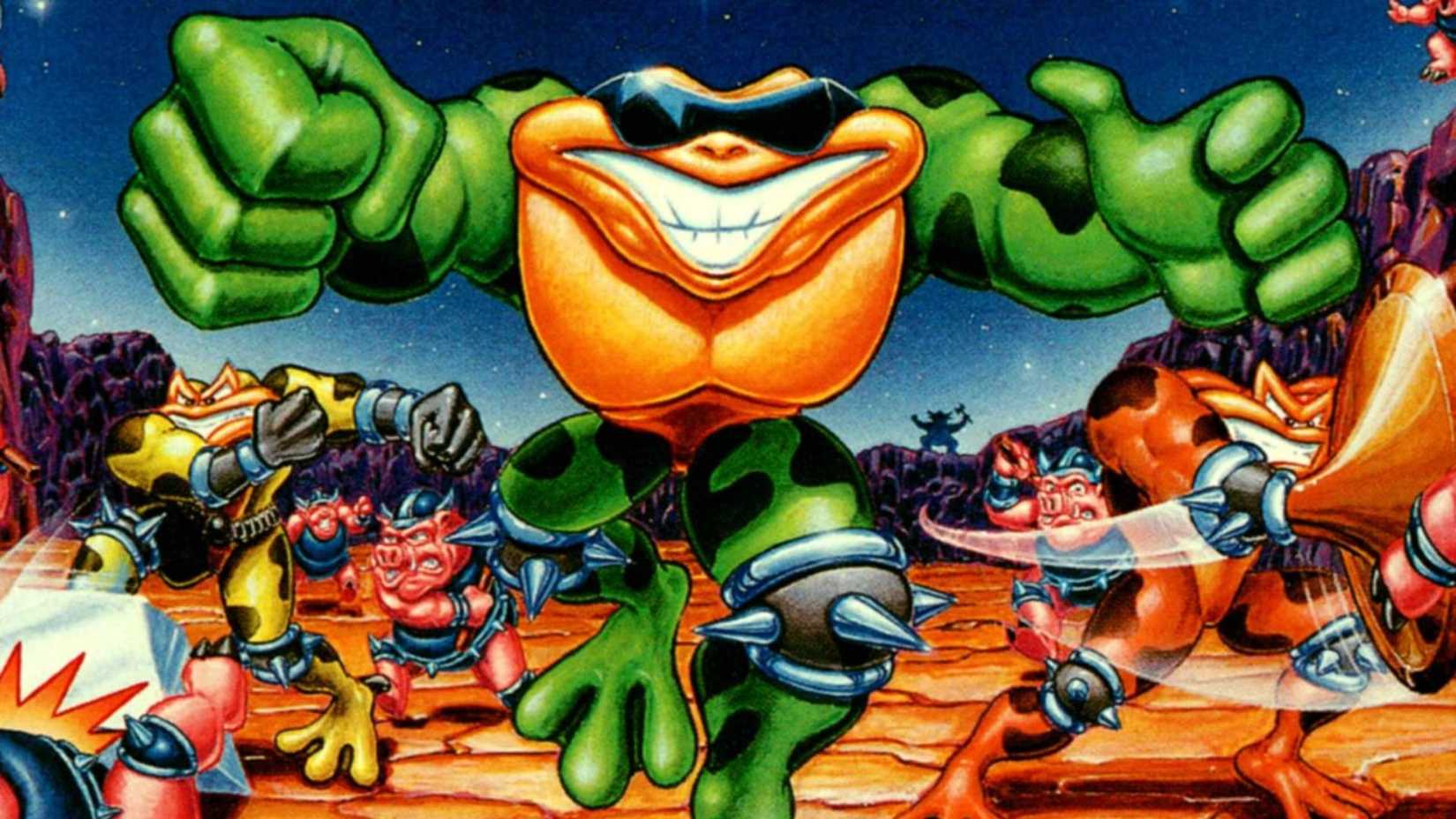The Battletoads NES key art featuring a green Battletoad with sunglasses on.