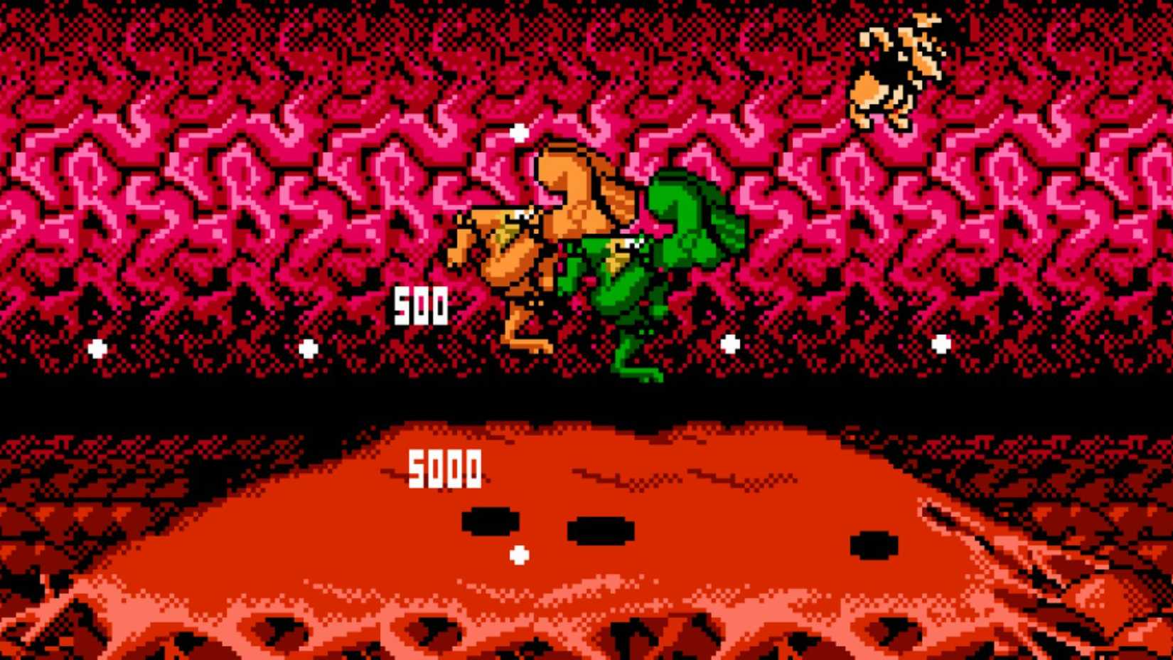 Two Battletoads kicking an enemy in Battletoads on the NES.