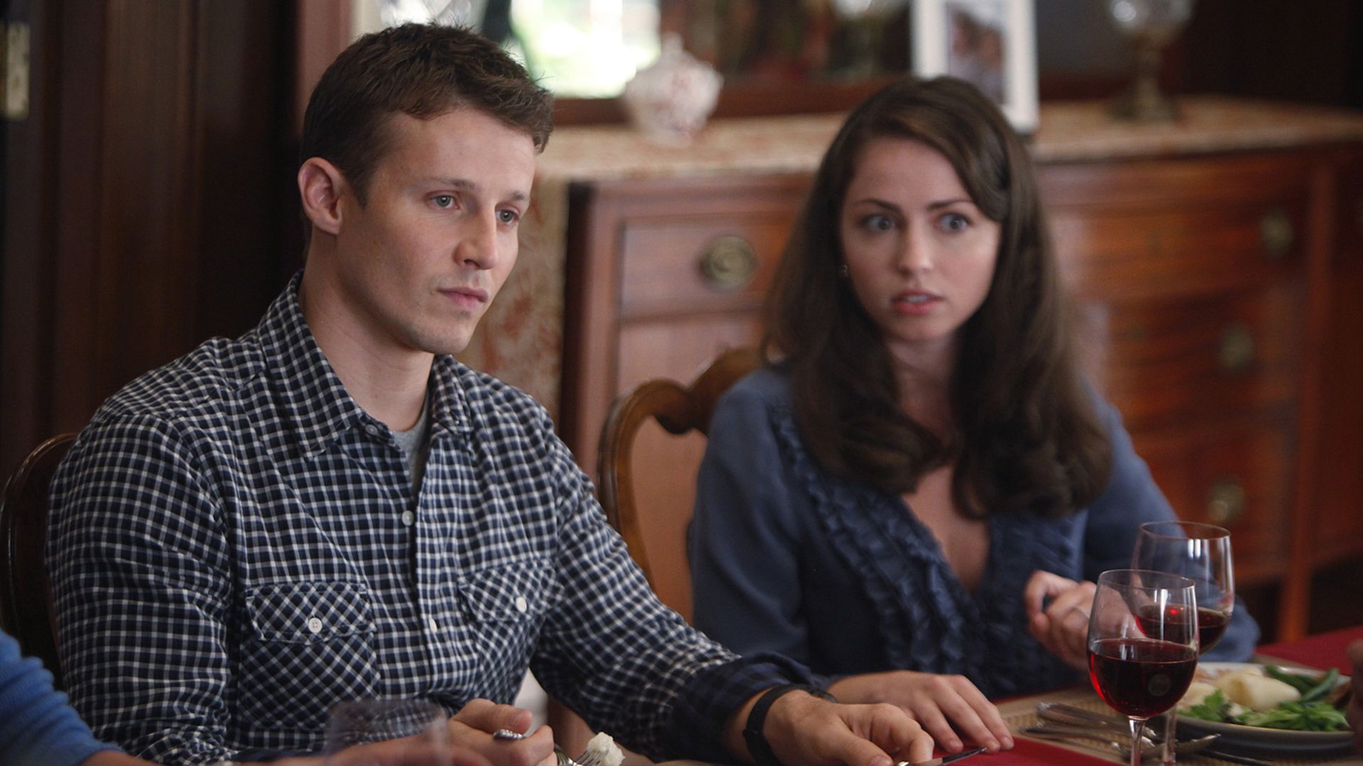 Still of Will Estes as Jamie Reagan and Dylan Moore as Sydney Davenport in Blue Bloods.