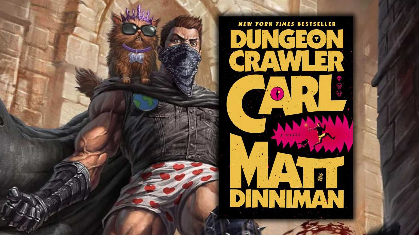 Book one cover image for Dungeon Crawler Carl in front of artwork of Carl and Donut
