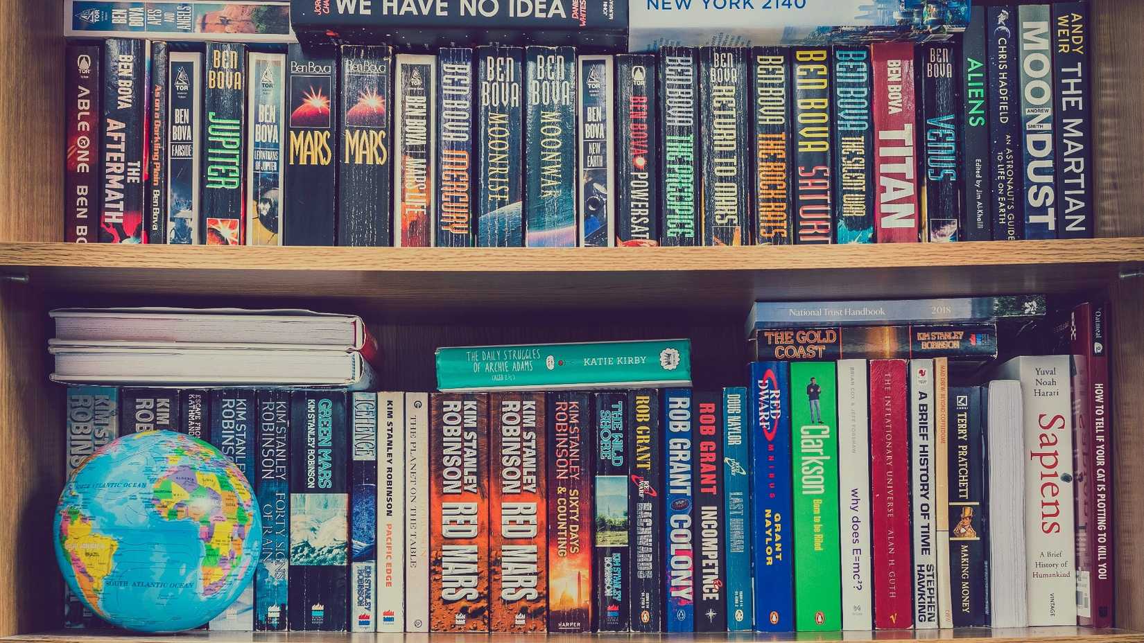 Book shelf with assorted sci-fi and science texts
