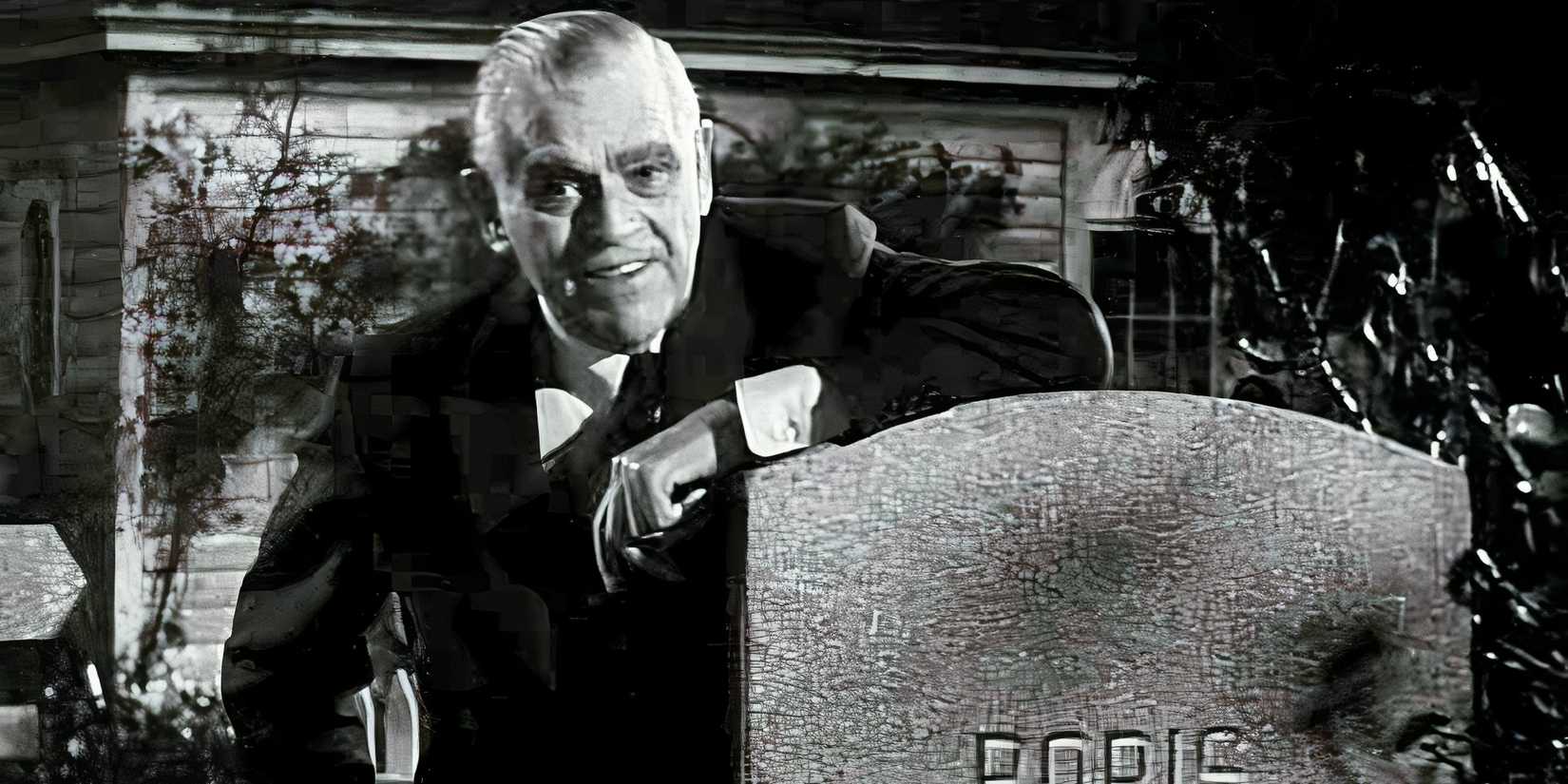 Boris Karloff standing by a headstone in Thriller