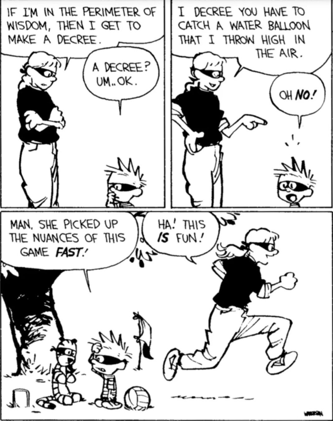 Calvin and Hobbes play Calvinball with Rosalyn.