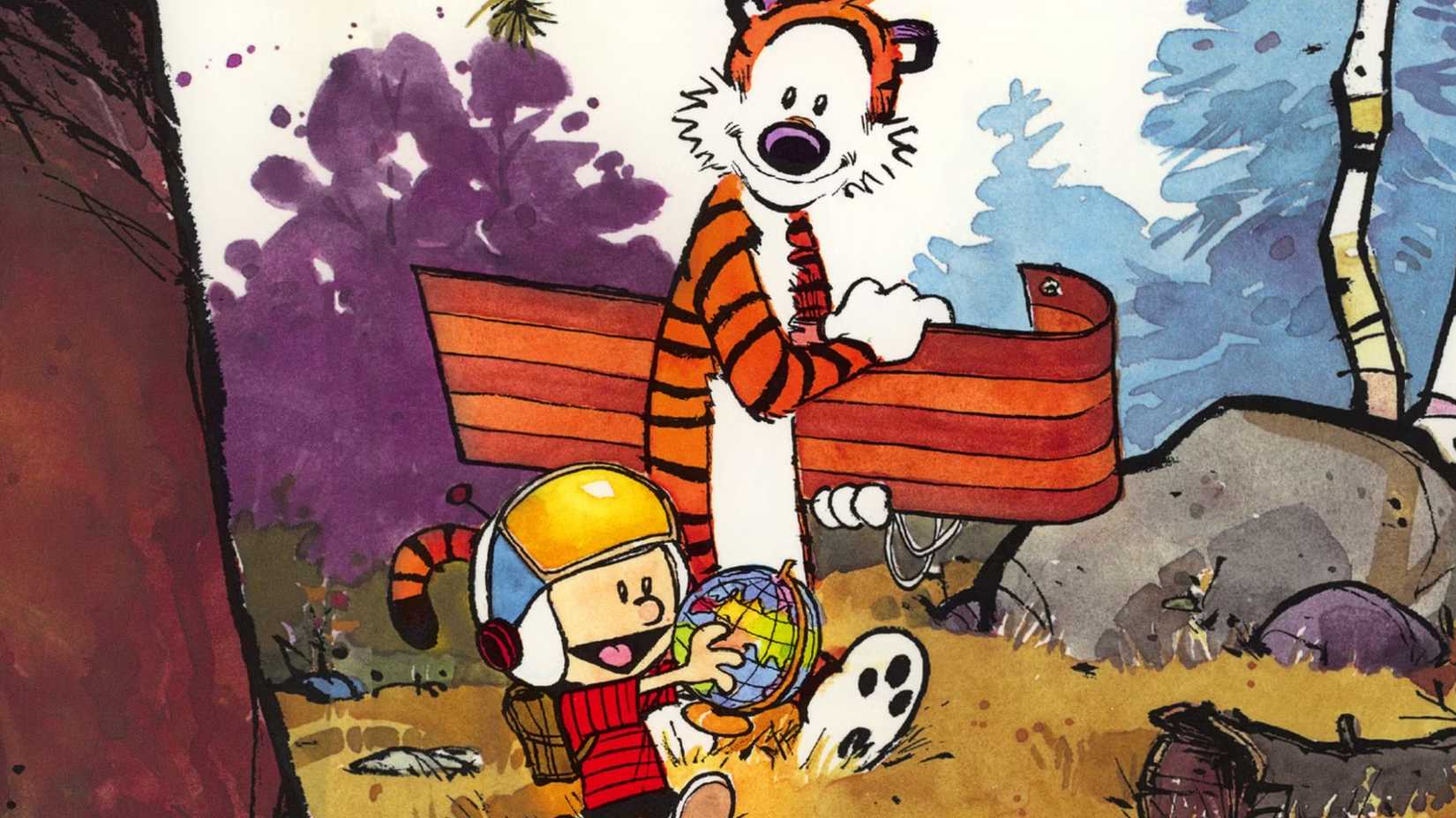 calvin and hobbes walking in the woods