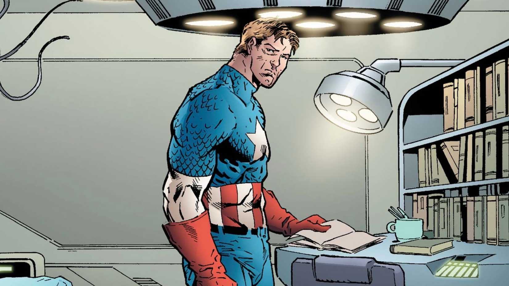Captain America in his S.H.I.E.L.D. prison cell after Civil War, which has a bed, bookshelf packed with books, and a desk with a lamp