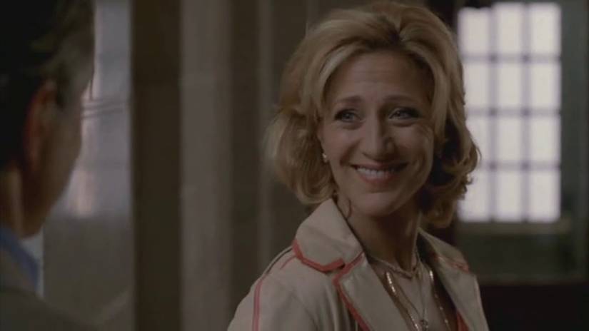 Carmela (Edie Falco) walking away from Wegler (David Strathairn) in the freeze frame in The Sopranos.