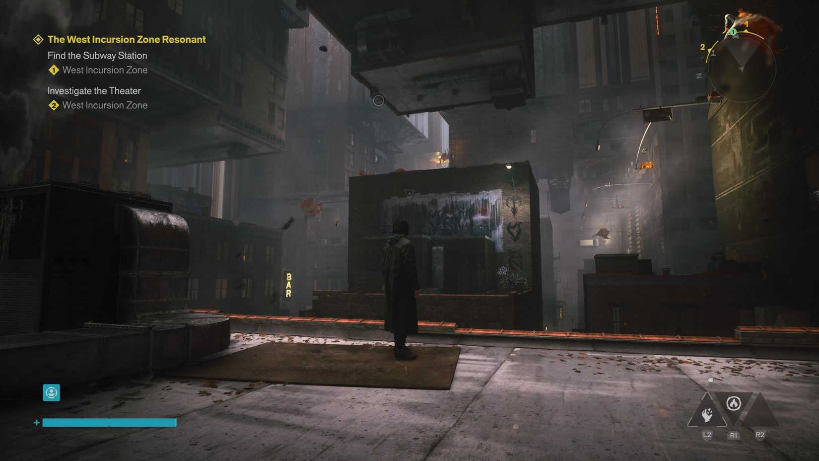 A man standing on a rooftop looking at a city folded over on itself, so a street is vertical to one side and buildings hang down from above.