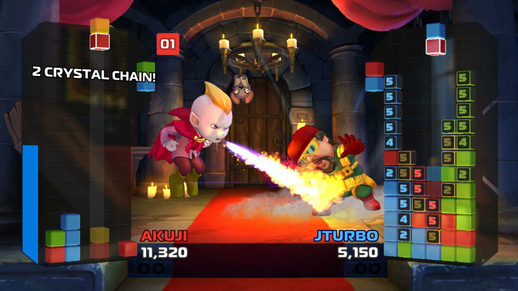 A character blows fire on their enemy in Crystal Crisis.