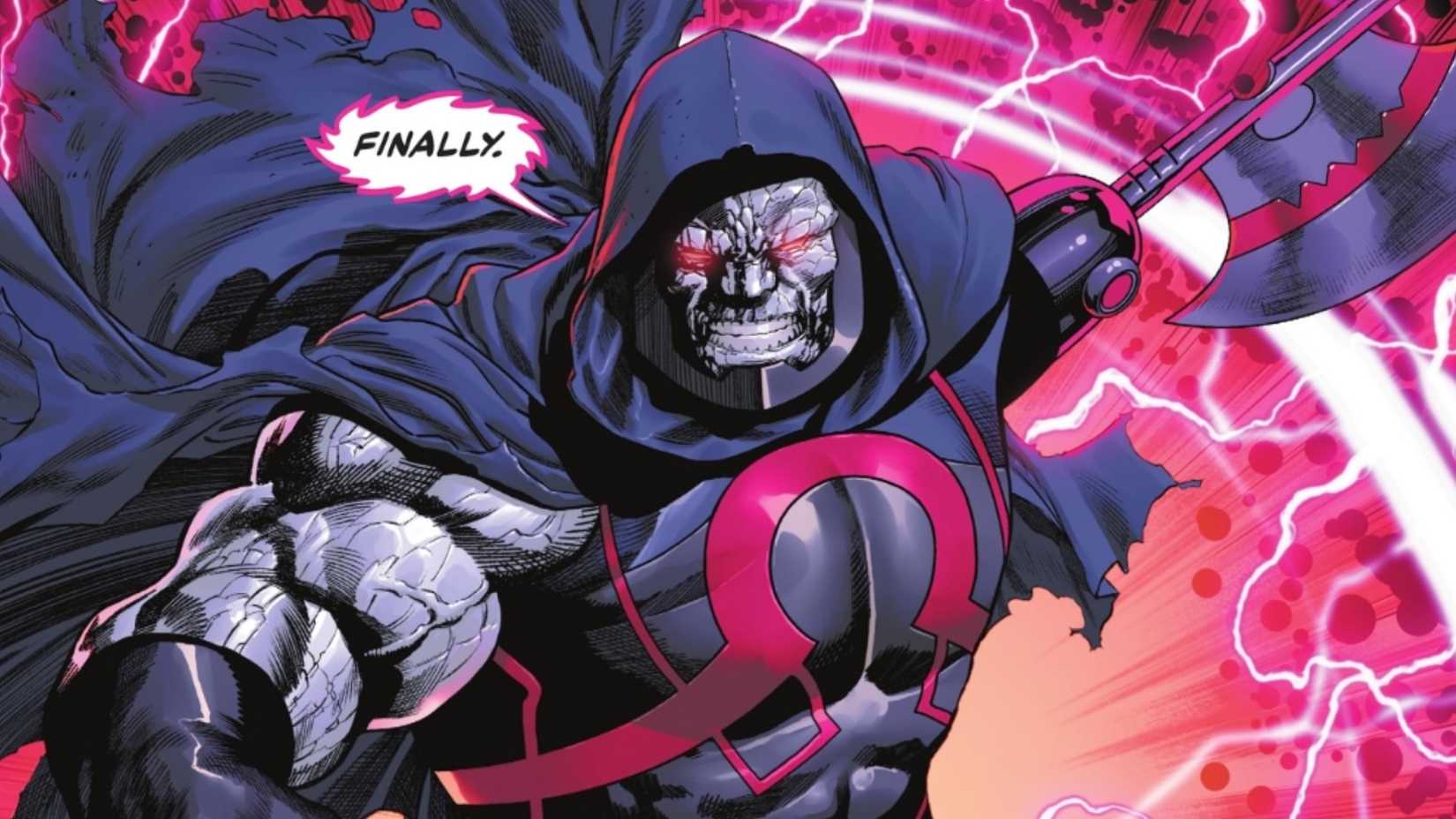 Hooded Darkseid in the All-In special saying "Finally!" and wielding an axe