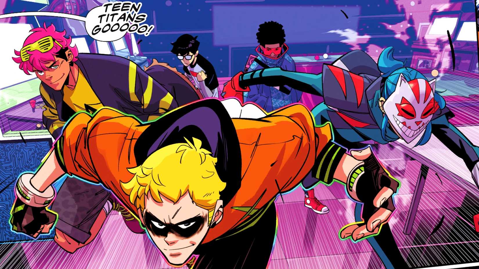 DC's new Teen Titans team assembles in a vintage arcade