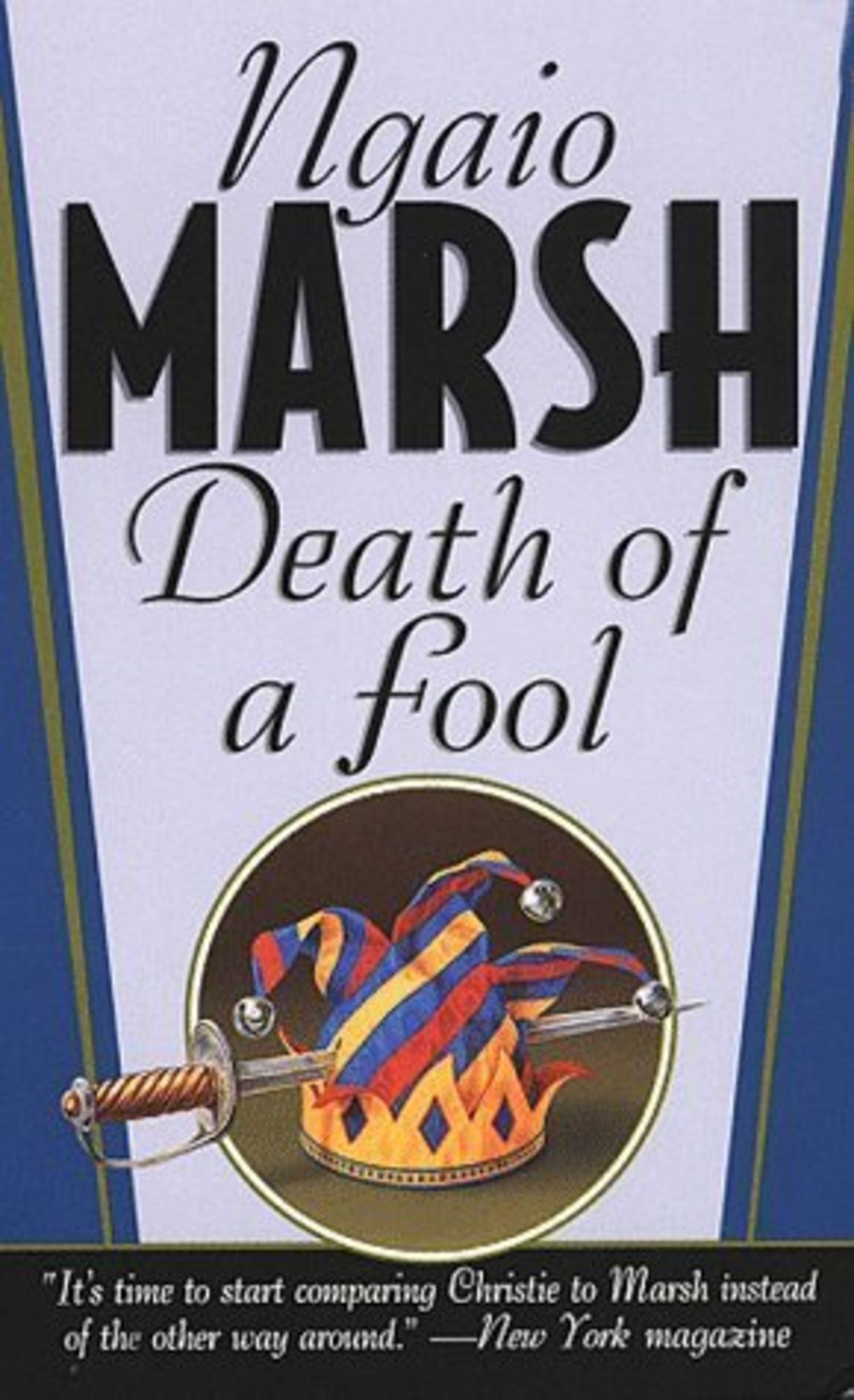 Death of a Fool by Ngaio Marsh book cover, with a blurb comparing her to Agatha Christie