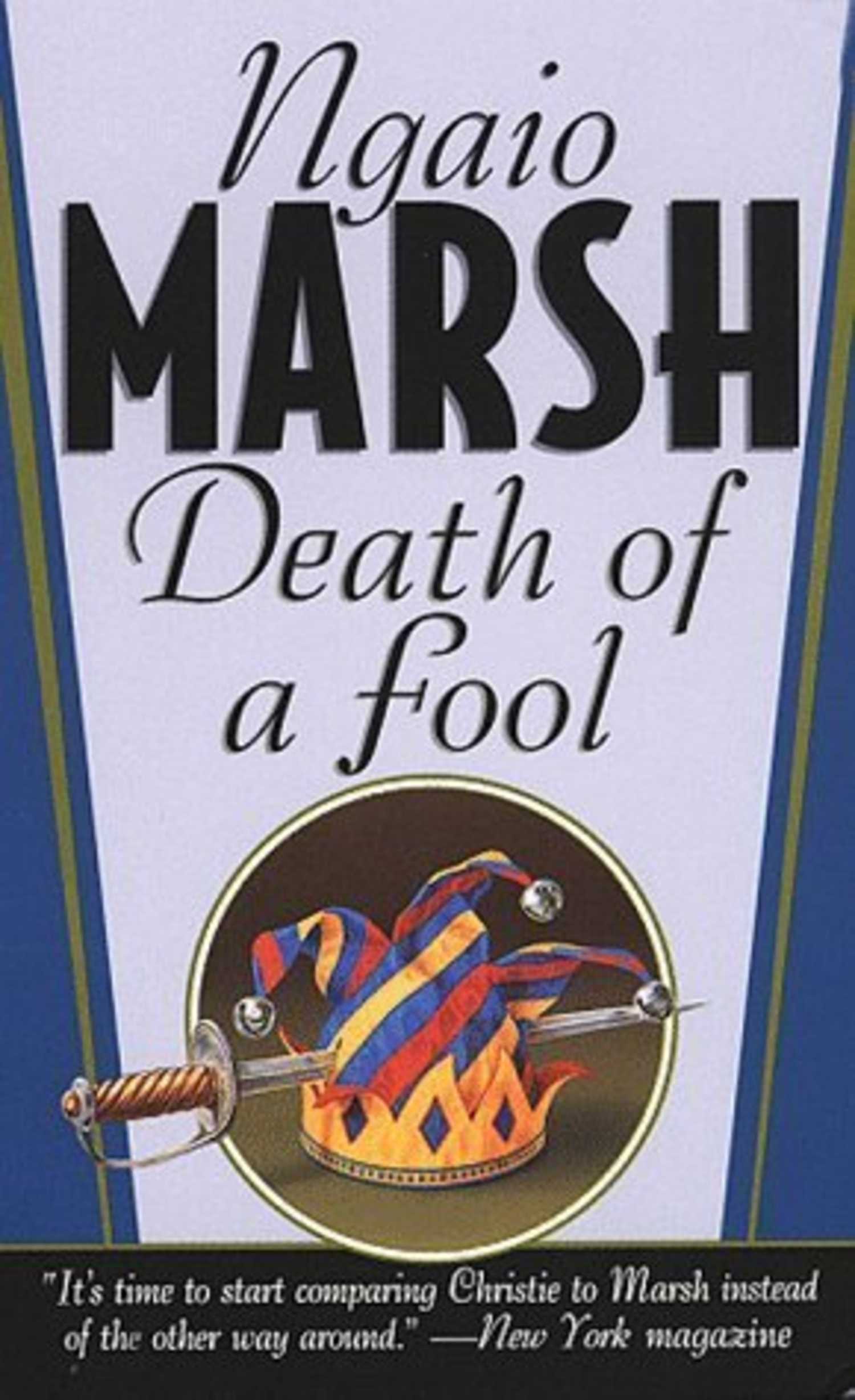 Death of a Fool by Ngaio Marsh book cover, with a blurb comparing her to Agatha Christie