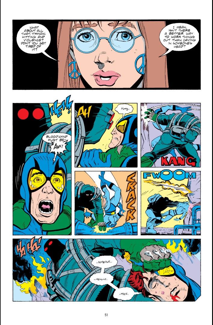 A page from The Death of Superman showing Doomsday beating Blue Beetle into a coma.
