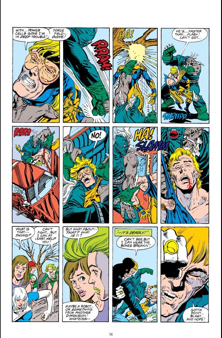 A page from The Death of Superman showing Doomsday ripping Booster Gold's suit apart, leaving him powerless.