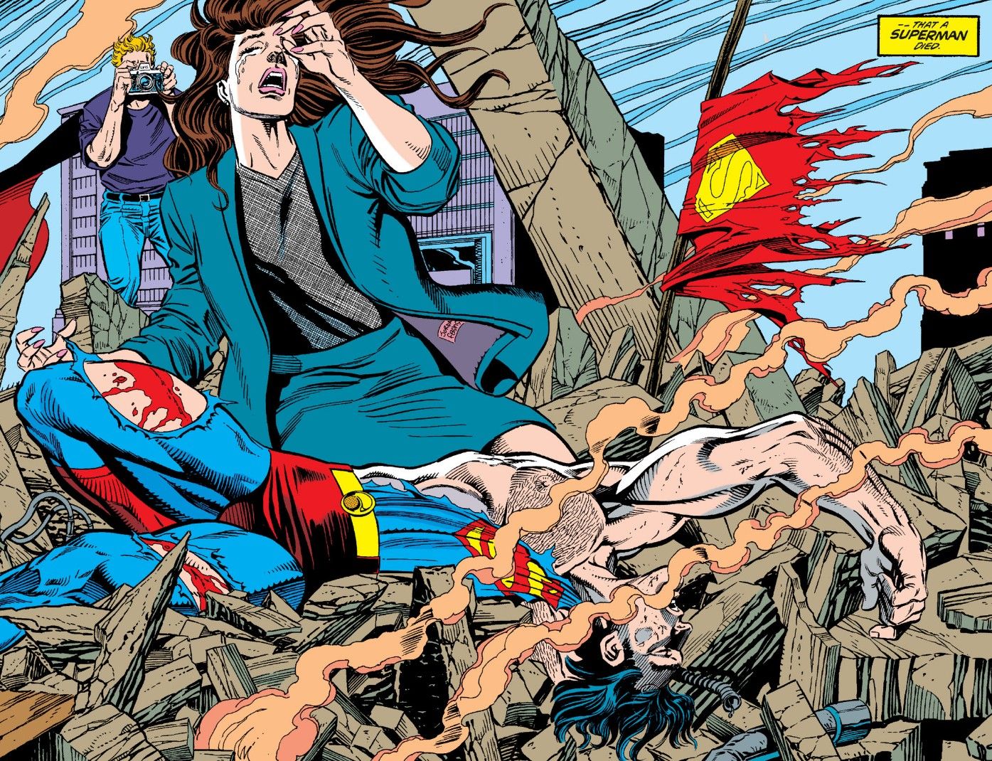 A page from The Death of Superman showing Lois Lane crying over Superman's dead body.