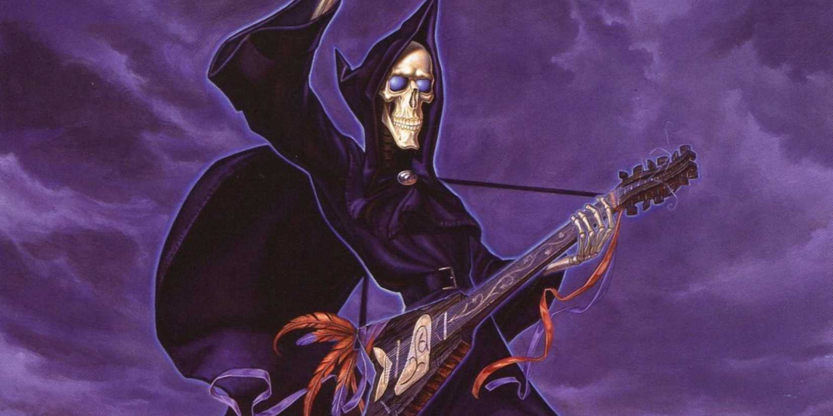 Death playing guitar in official Discworld art by Paul Kidby