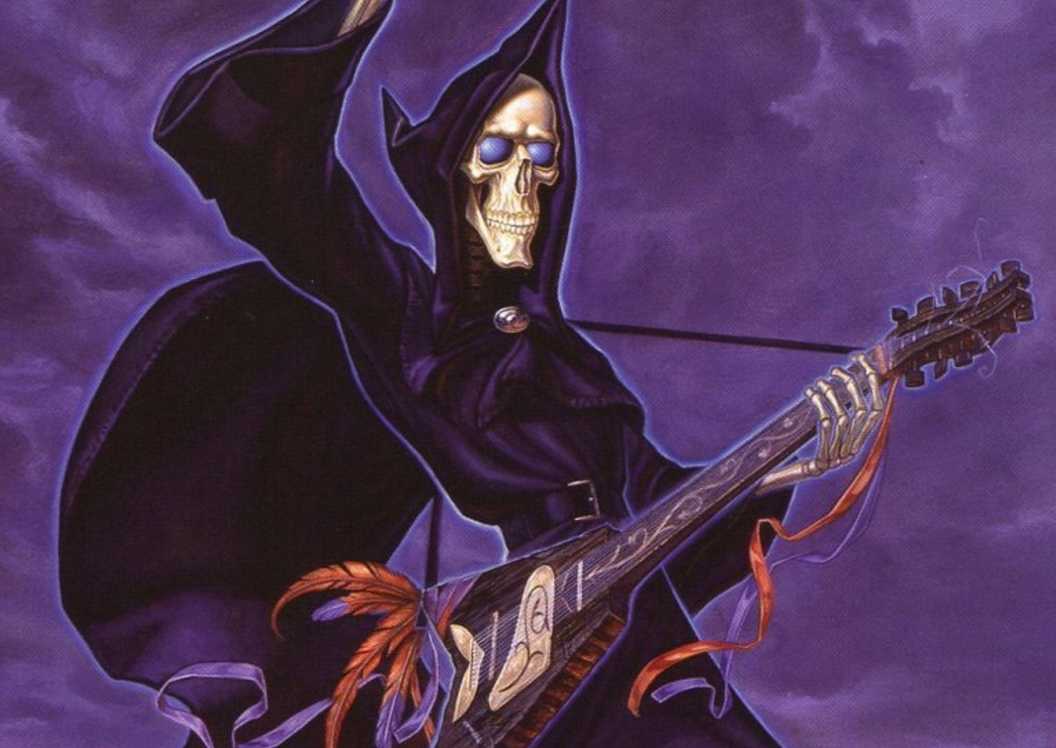 Death playing guitar in official Discworld art by Paul Kidby