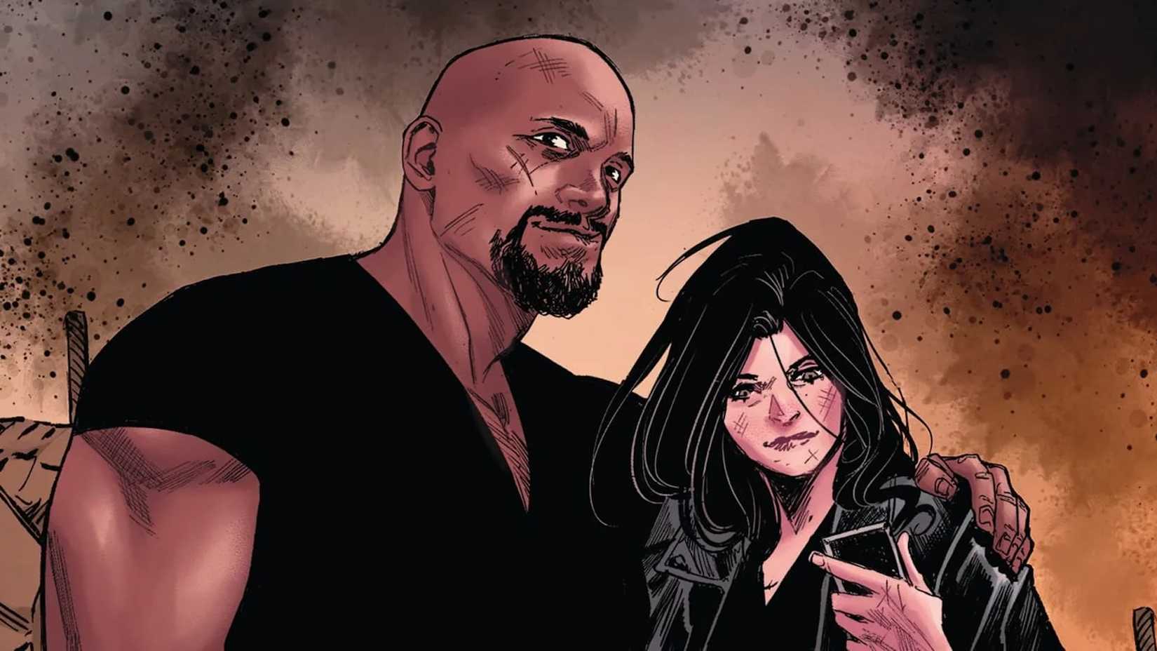 Luke Cage with his arm around Jessica Jones, both of them wearing black
