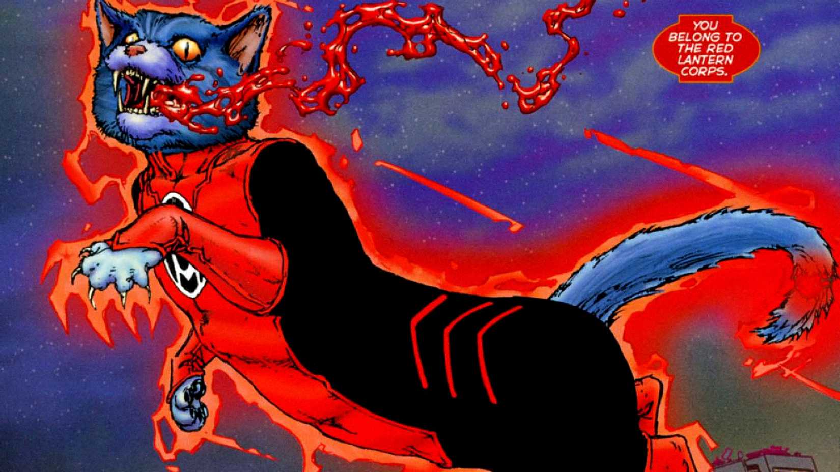 Dex-Starr flies with the power of the Red Lantern ring