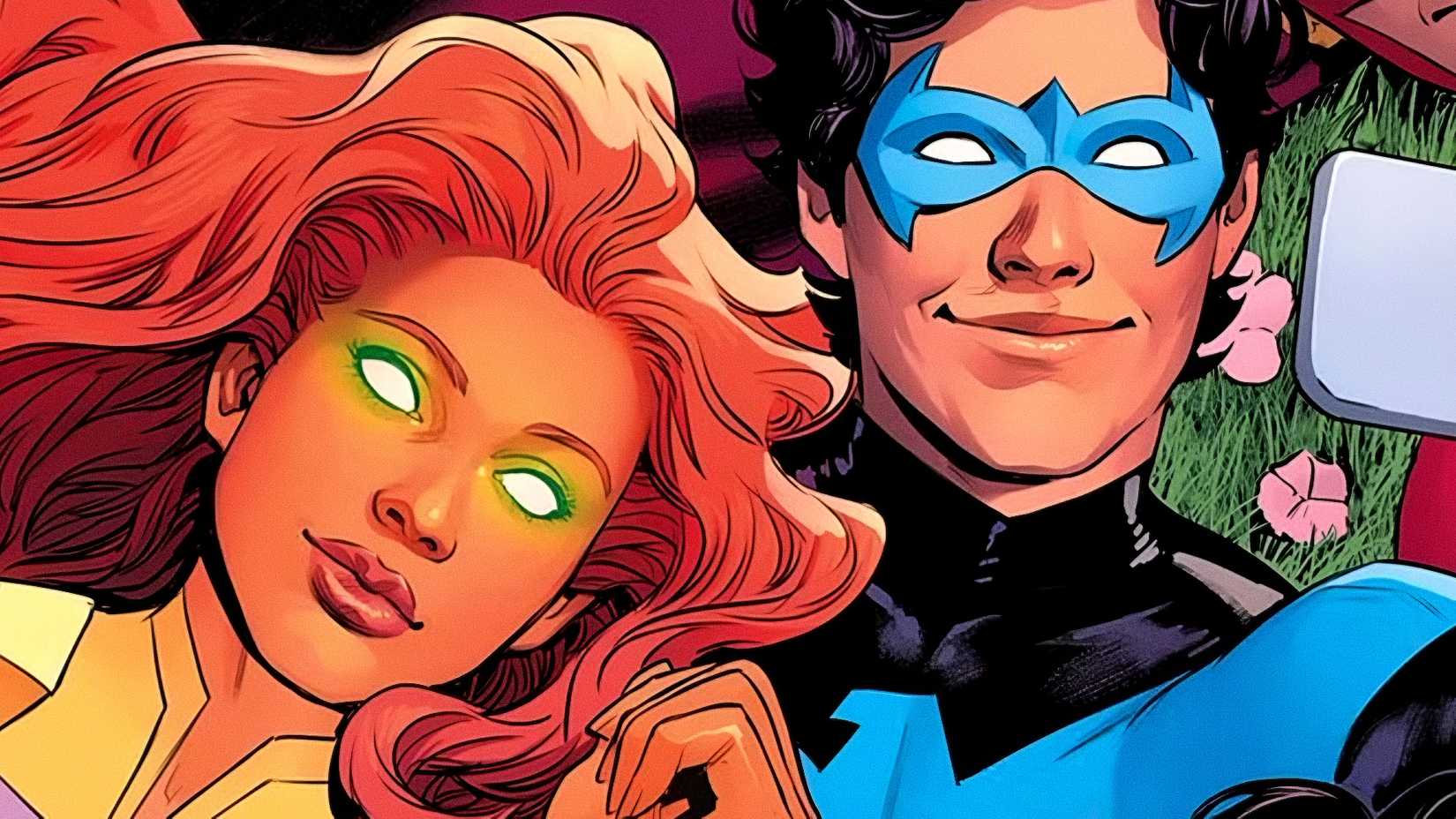 Dick Grayson aka Nightwing and Starfire smile together in DC Comics