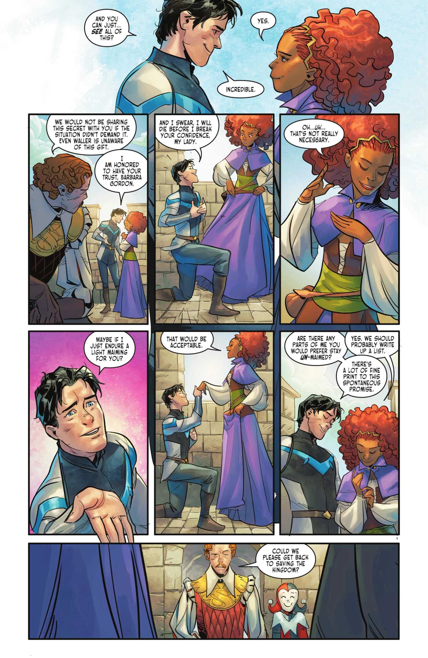Dick Grayson and Barbara Gordon flirt in Dark Knights of Steel II #3