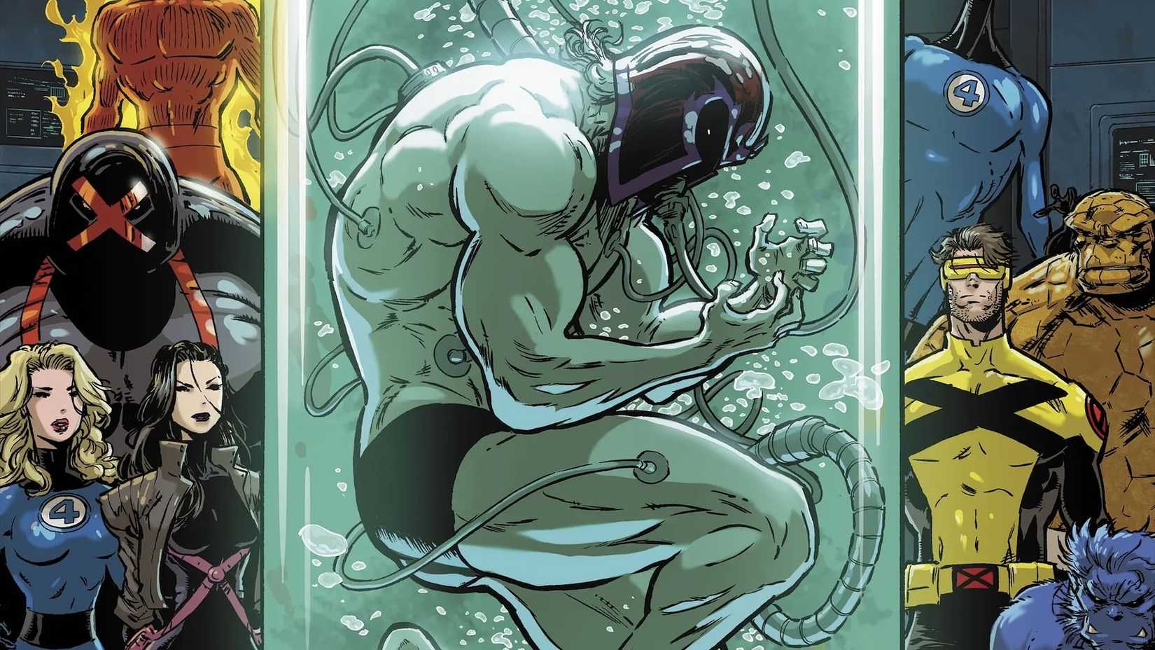 X-Men characters observing Magneto in a stasis tube