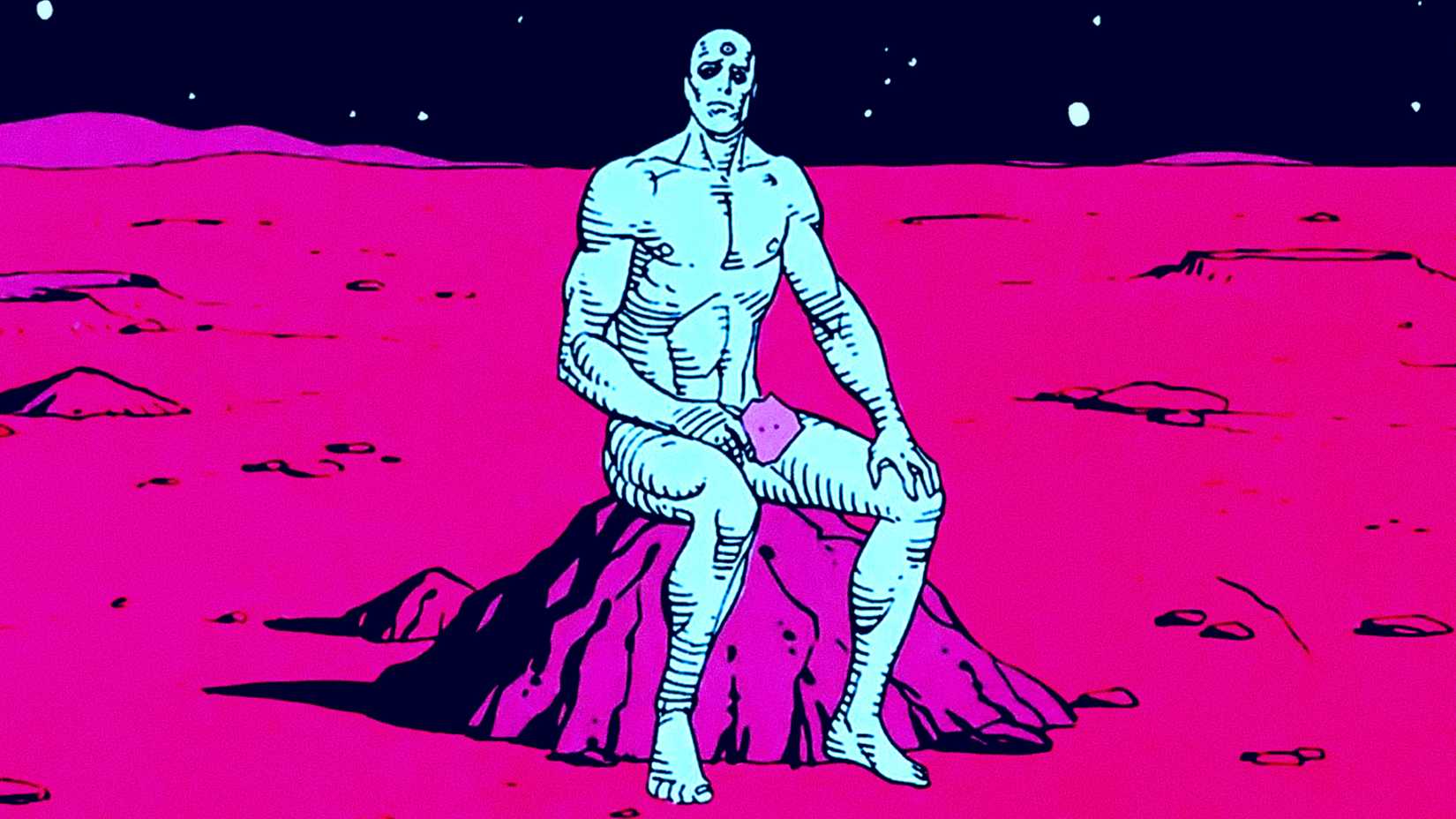 Doctor Manhattan sits on the moon in Alan Moore's Watchmen