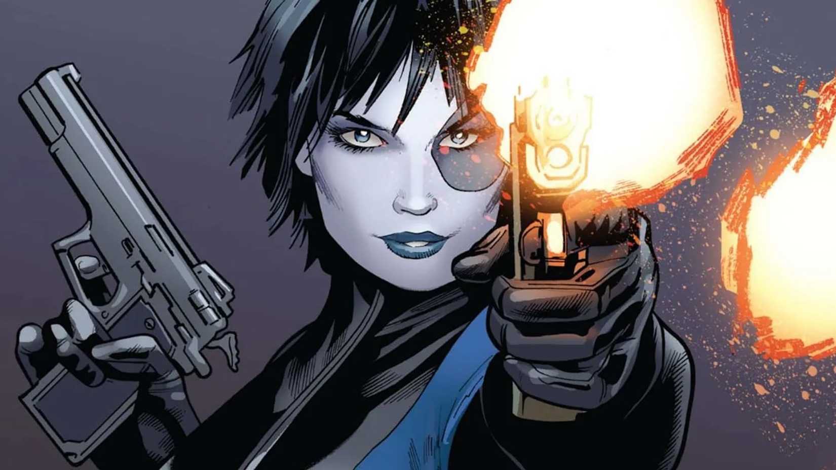 Domino firing one pistol and holding the other one to the side