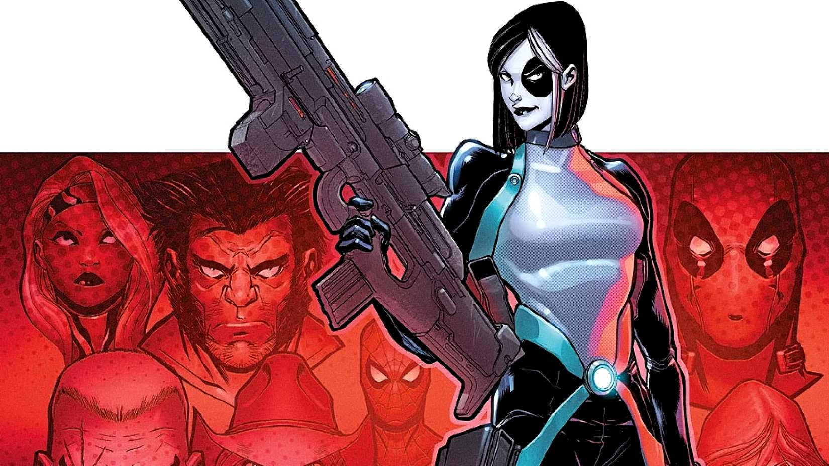 Domino wields a gun in front of other X-Men and X-Force members