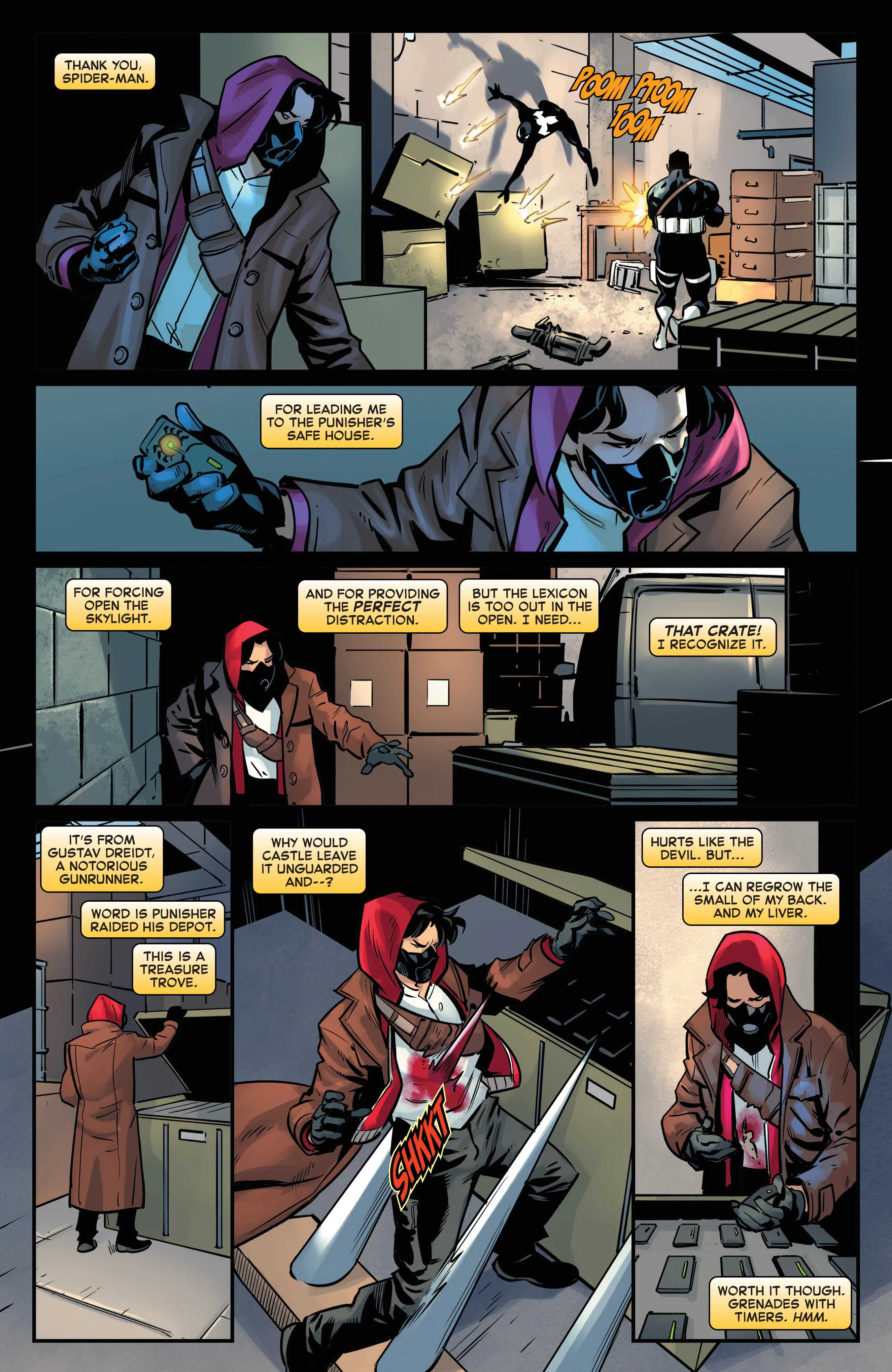 Donnie Yu aka Turncoat is stabbed by Frank Castle's booby traps in Spectacular Spider-Man Brand New Day #5