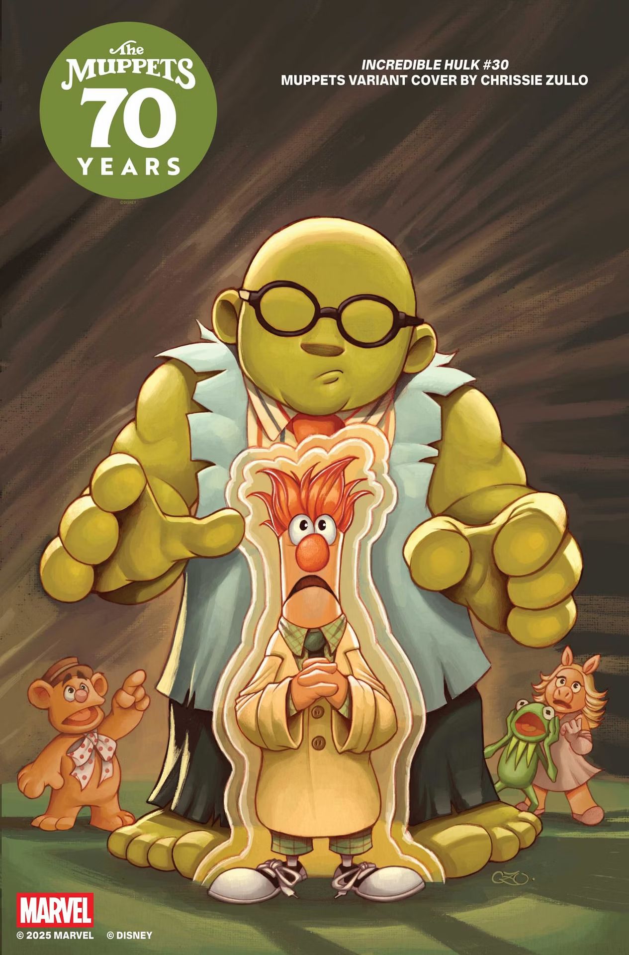 Dr Bunsen stands behind Beaker like Hulk and Bruce Banner in Muppets Take the Marvel Universe variant cover
