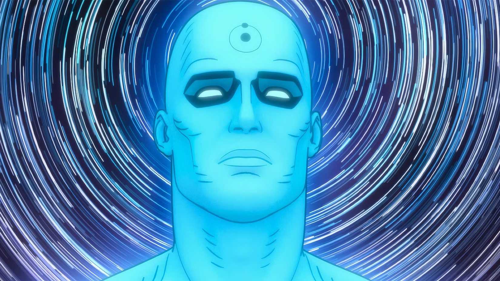 Dr. Manhattan with swirling stars behind him in Watchmen Chapter 1