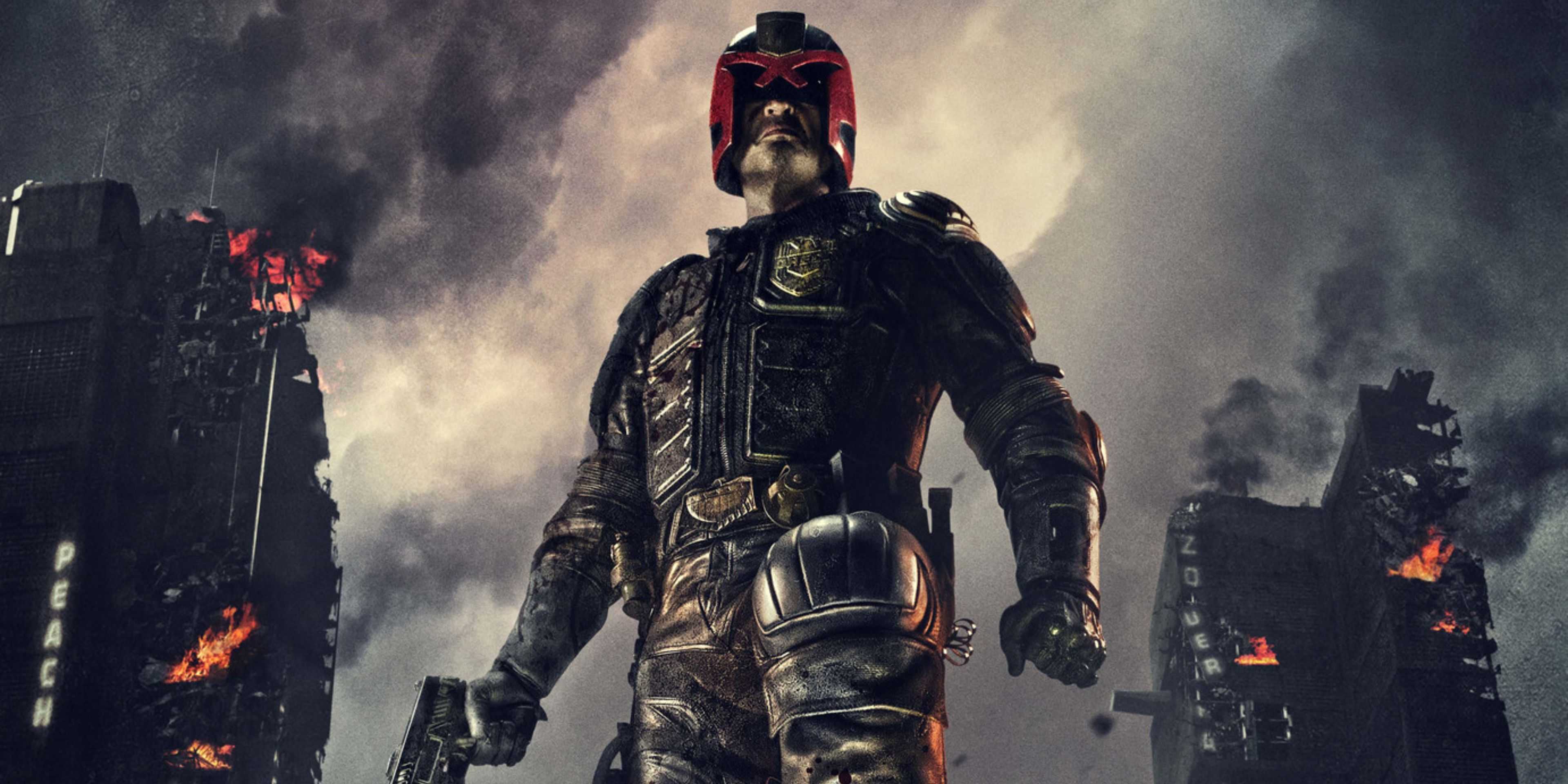 Karl Urban's Judge Dredd in Dredd movie poster.