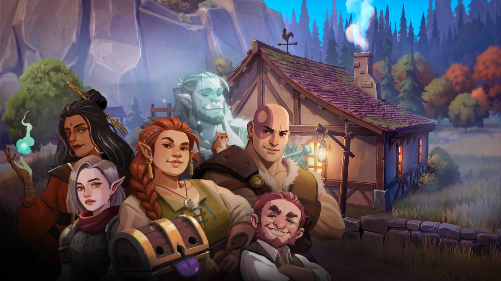The key art for Dungeons and Dragons: Long Rest Tavern featuring a group of characters outside of a building.