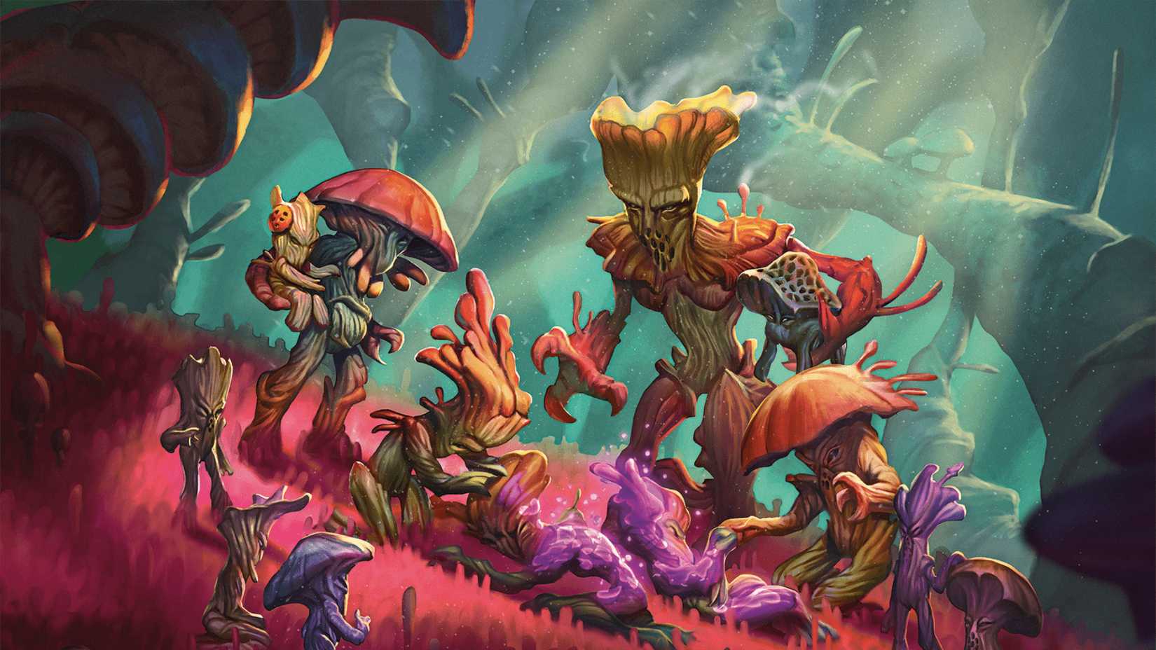 A cluster of Myconids is gathered in the Underdark in Dungeons and Dragons artwork.