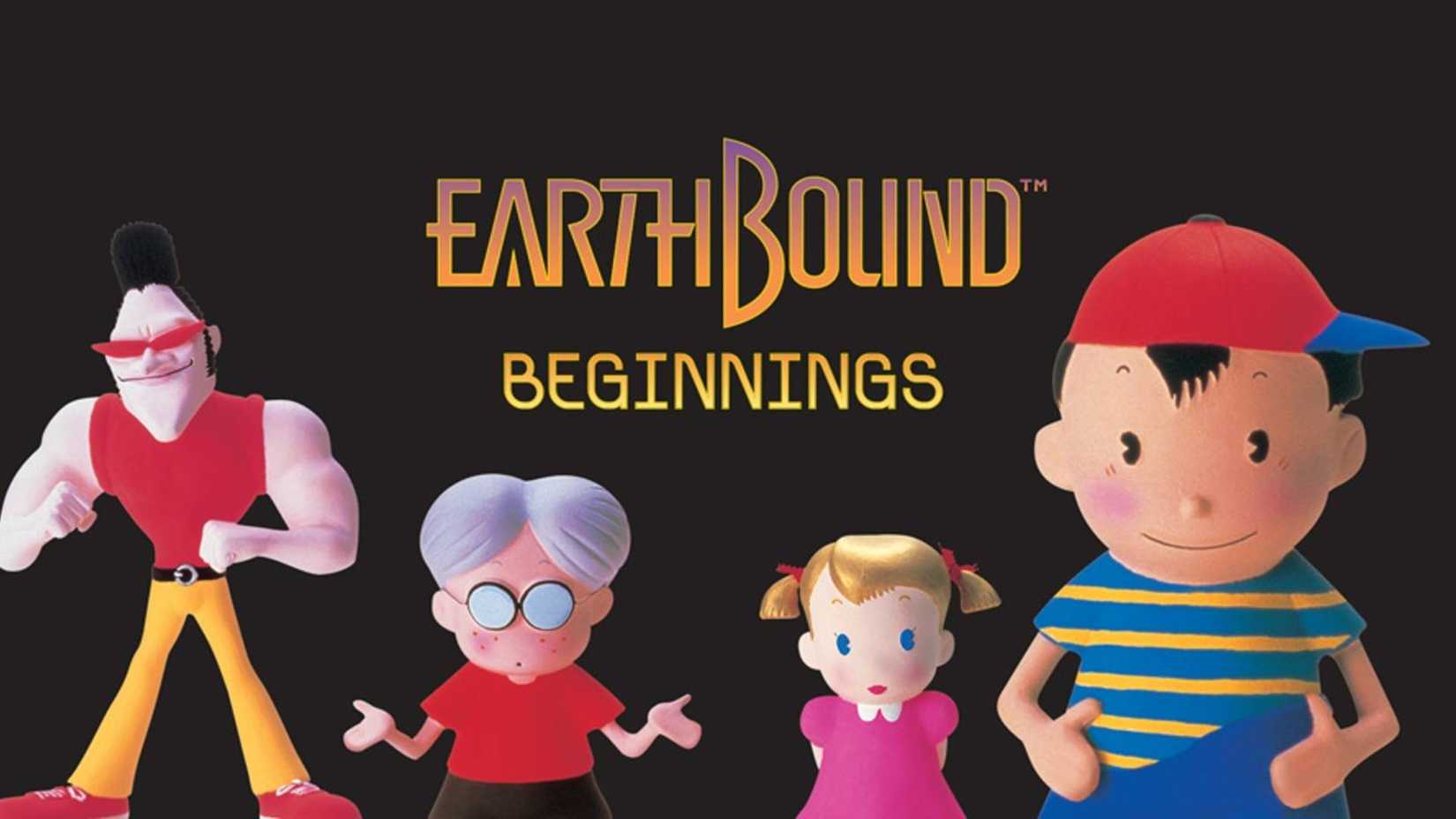 Characters from Earthbound Beginnings with the game's logo in the middle.