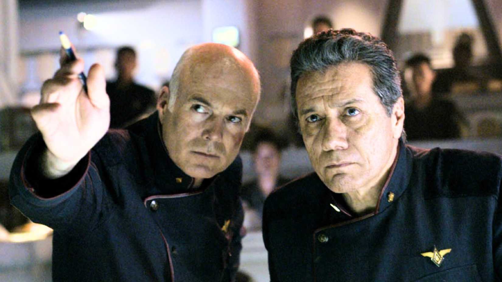 Edward James Olmos and Michael Hogan in Battlestar Galactica
