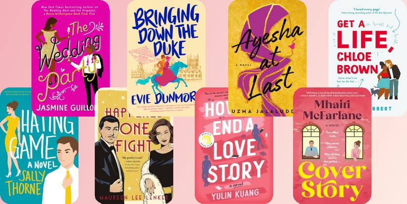 Emily Henry's enemies to lovers recommendations are on top of a pink background