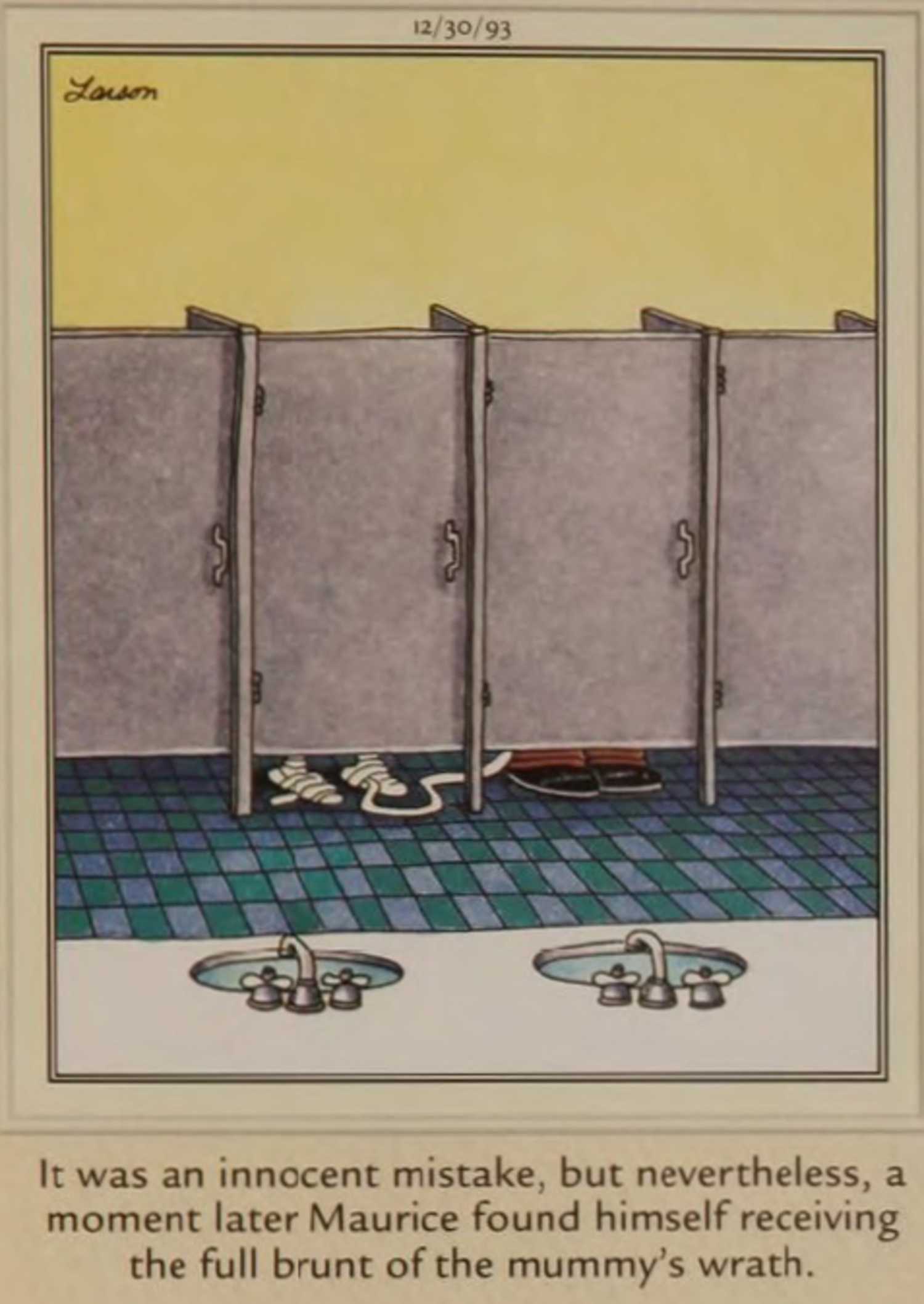 Far Side, December 30, 1993, mix up with a mummy's bandages in a public lavatory