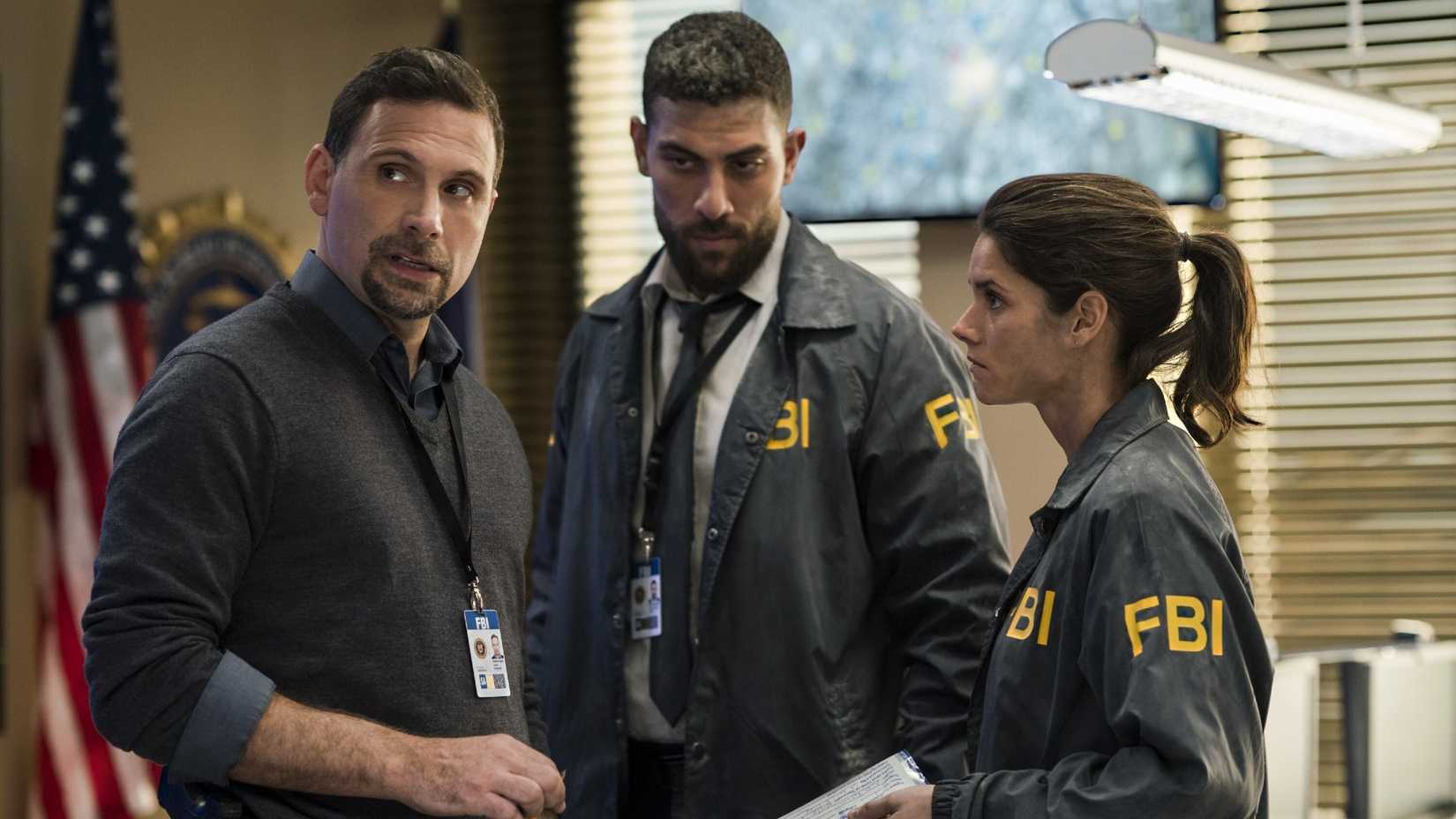 Still of Jeremy Sisto as Jubal Valentine, Missy Peregrym as Maggie Bell, and Zeeko Zaki as Omar Adom 'OA' Zidan in FBI season 1.