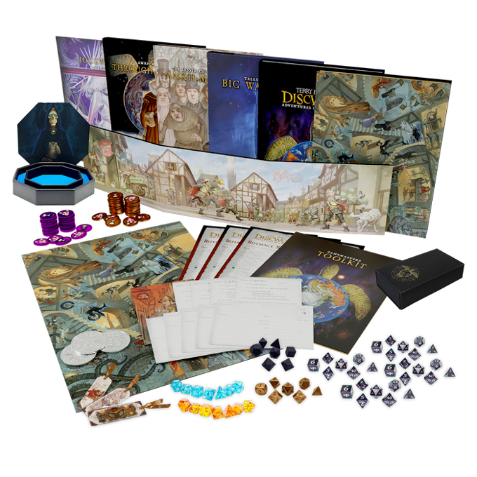 Image shows the components of Terry Pratchett's Discworld RPG: Adventures in Ankh-Morpork