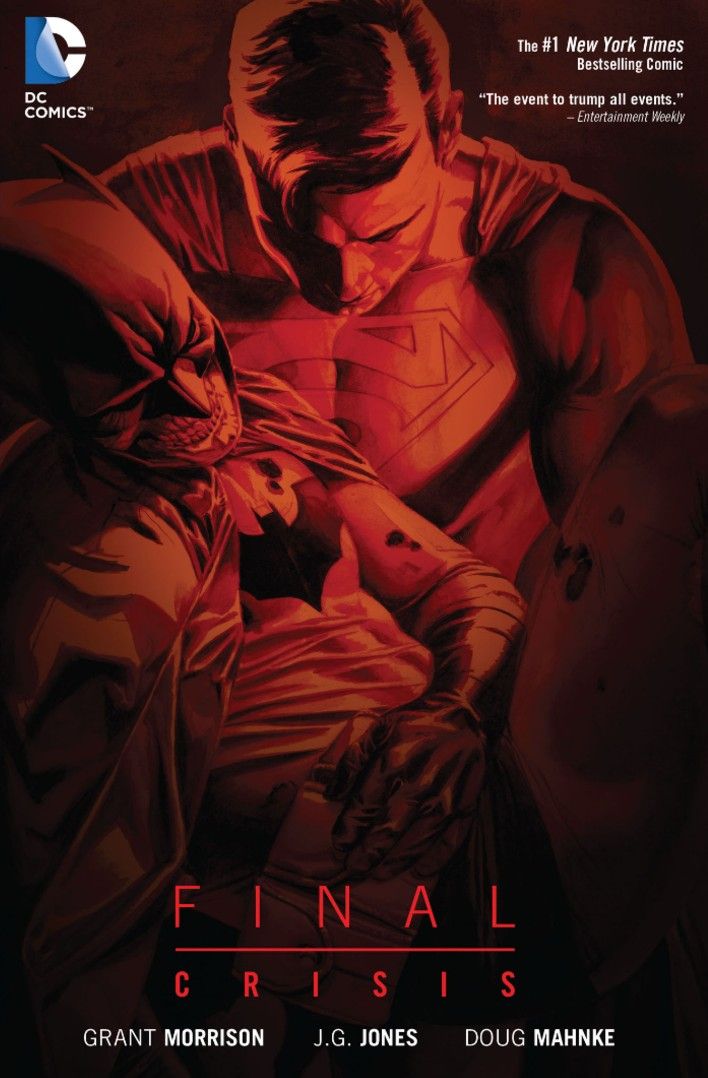 The cover of Final Crisis, showing Superman holding the deasd body of Batman.